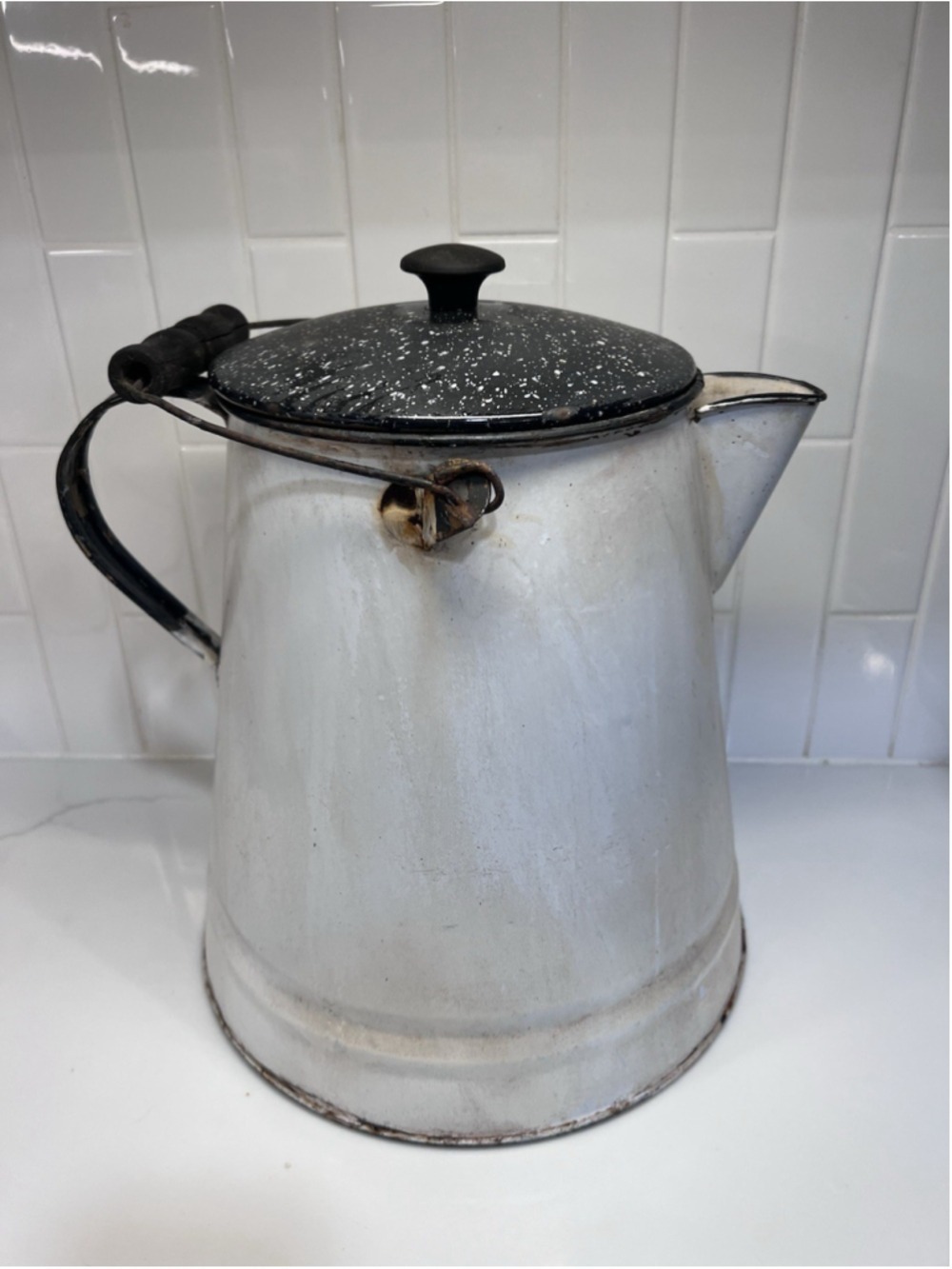 Vintage Enamel Cowboy Kettle Coffee Pot Extra Large White And Black